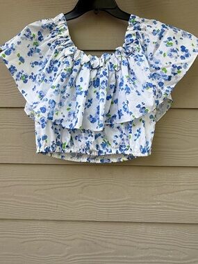 Caroline Constas White Blue Floral Ruffle top